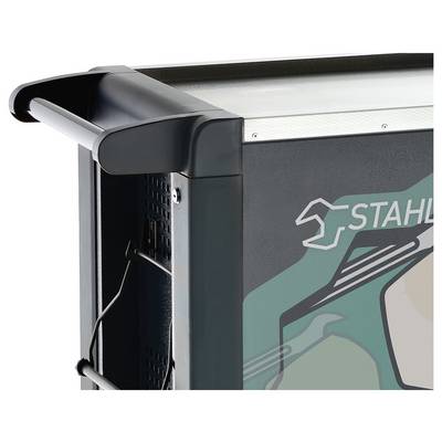 Vue latérale d'un chariot utilitaire en métal avec une poignée, présentant un design stylisé sur le panneau latéral. L'image met l'accent sur la construction robuste du chariot.