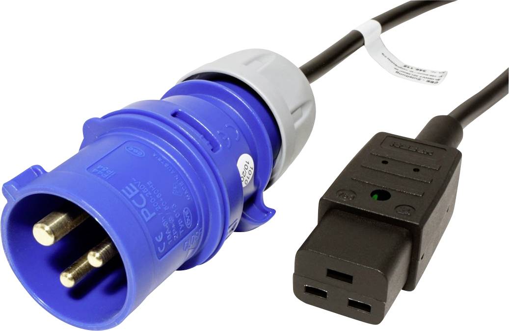 « Une prise électrique industrielle bleue et un connecteur noir reliés par un câble. »