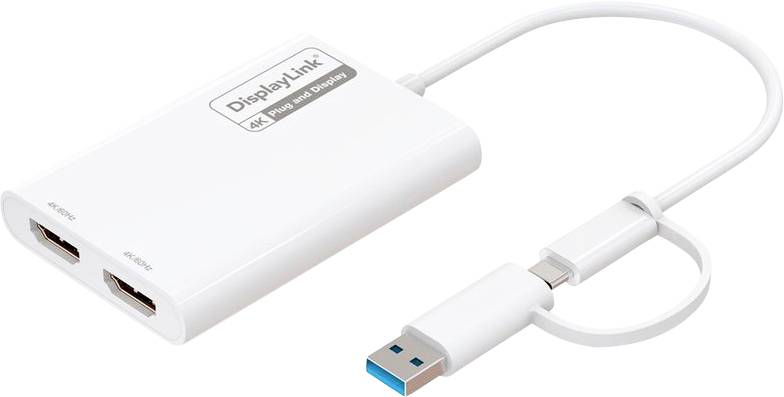 Un appareil DisplayLink blanc avec deux ports HDMI étiquetés « 4K Plug and Display », connecté à un câble USB avec un connecteur à embout bleu.