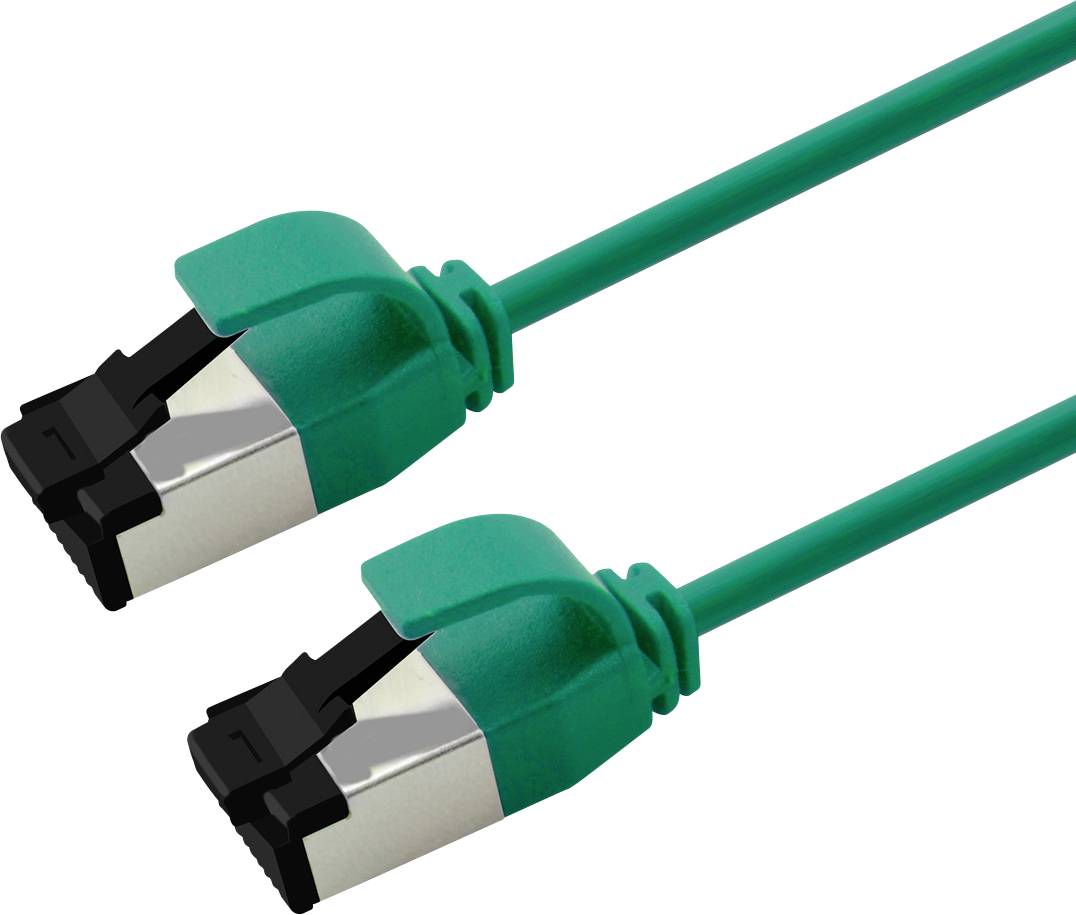 Deux connecteurs de câble Ethernet verts avec des embouts noirs et métalliques sur un fond blanc.