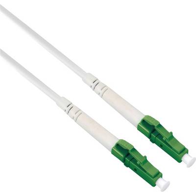 Deux câbles en fibre optique verts et blancs avec connecteurs LC, utilisés pour la transmission de données à haut débit dans les environnements réseau.