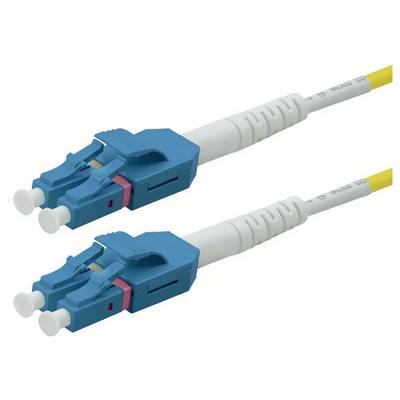 'Image d'un connecteur LC de fibre optique bleu avec deux extrémités de prise et une gaine de câble blanche.'