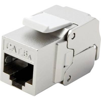 Connecteur de prise modulaire 'CAT 6A' blindé métallique avec clip de protection, utilisé pour les réseaux Ethernet, montré sur un fond blanc.