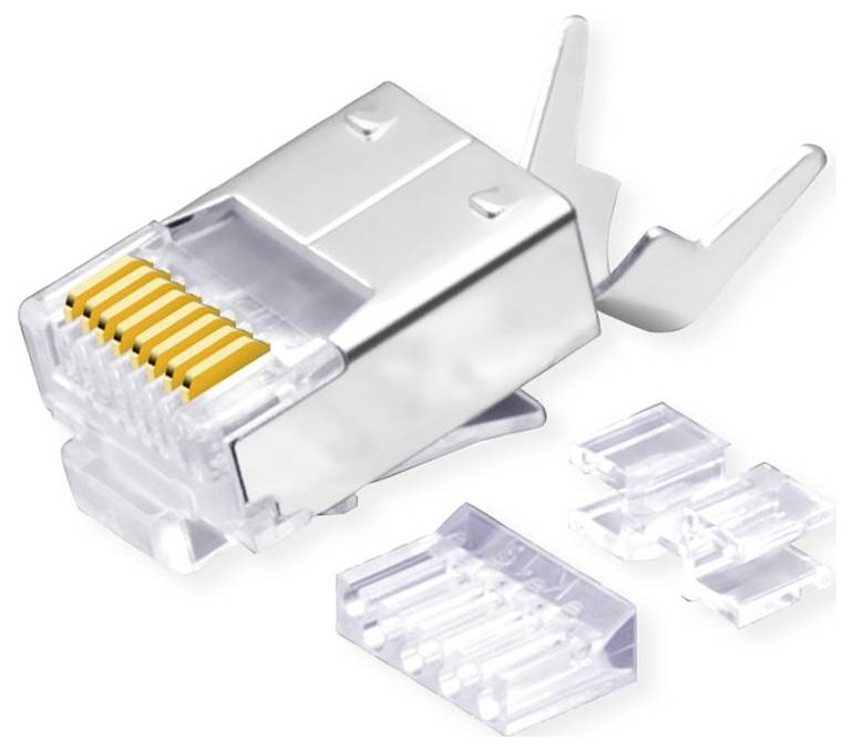 Prise modulaire RJ45 avec contacts plaqués or et boîtier transparent, utilisée pour les réseaux Ethernet. Inclut un guide de câble en plastique séparé.