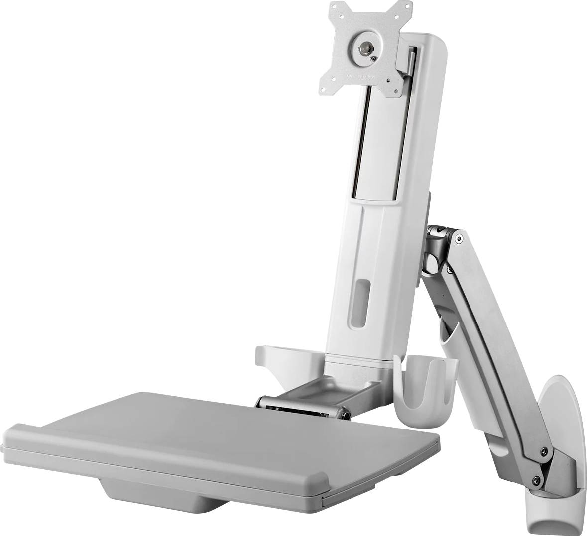 Bras de moniteur mural réglable avec plateau à extension large et support d'écran de style VESA, présenté sur un fond blanc.