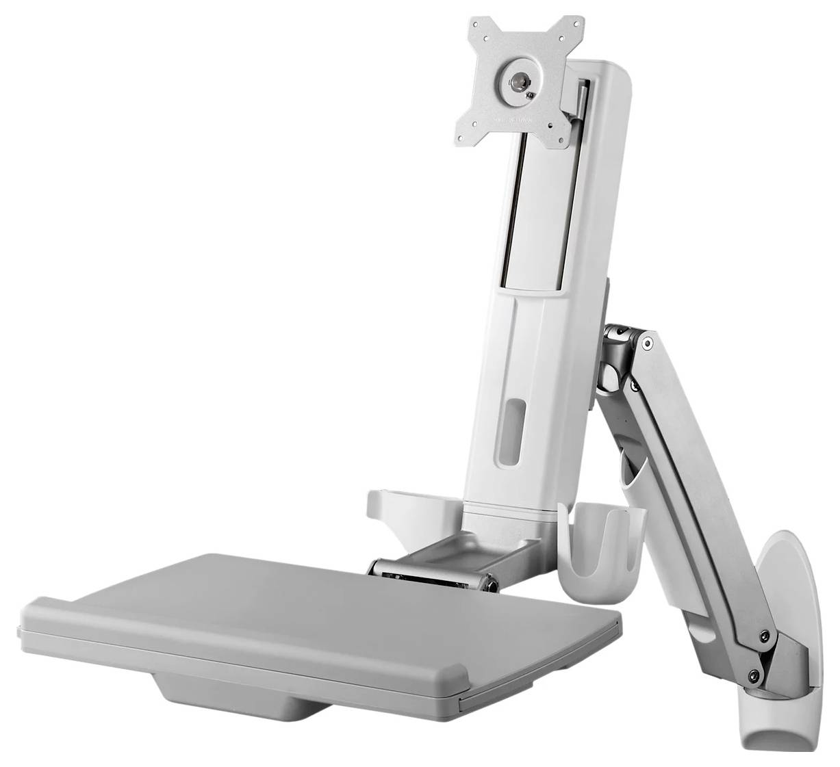 Bras de moniteur avec fonctionnalités ajustables, présenté en position neutre, conçu pour maintenir les écrans dans des configurations de bureau ergonomiques.