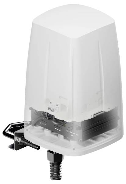 Une antenne 5G extérieure semi-transparente avec support de montage et circuit interne visible, conçue pour une connectivité améliorée.