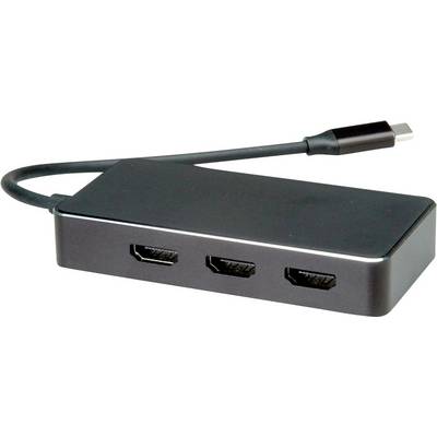 Adaptateur USB-C vers HDMI à trois ports, noir, avec câble intégré. Convient pour connecter plusieurs appareils HDMI à un appareil compatible USB-C.