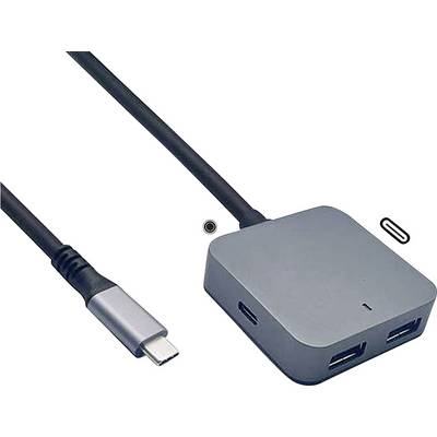 Un hub USB-C gris avec un câble USB-C connecté. Le hub a deux ports USB et un port HDMI sur le côté.