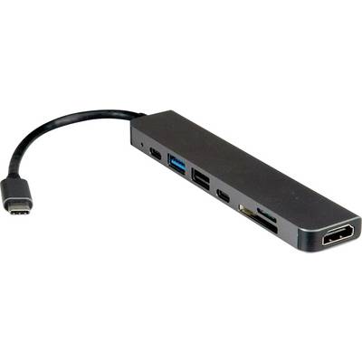 Un concentrateur USB-C avec un connecteur USB-C, deux ports USB 3.0, un port HDMI et un port USB-C supplémentaire.