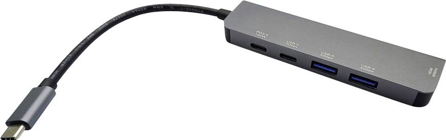 Un concentrateur USB-C élancé de couleur grise avec plusieurs ports, incluant USB et HDMI, connecté par un câble court, présenté sur un fond blanc.