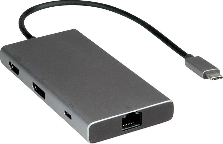Un hub USB-C noir avec plusieurs ports, notamment Ethernet, HDMI et USB, connecté par un court câble.