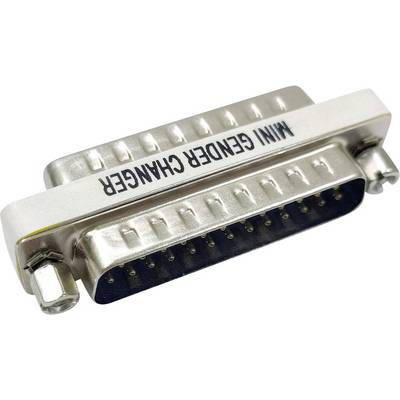 Un adaptateur mini inverseur de genre DB25 en métal avec une rangée de broches, utilisé pour connecter des appareils avec des ports de genres différents, étiqueté « MINI GENDER CHANGER ».