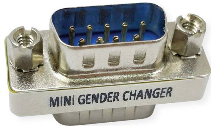 Un adaptateur « Mini Changeur de Genre » avec un connecteur DB-9, utilisé pour changer le genre d'une connexion de câble.