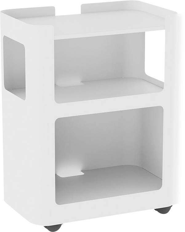 Chariot de rangement roulant blanc avec trois étagères ouvertes, bords arrondis et roues pivotantes. Idéal pour organiser les articles dans un bureau ou une maison.