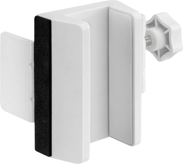 Un serre-joint blanc réglable avec une poignée à vis, conçu pour fixer des objets à une table ou une surface plane.