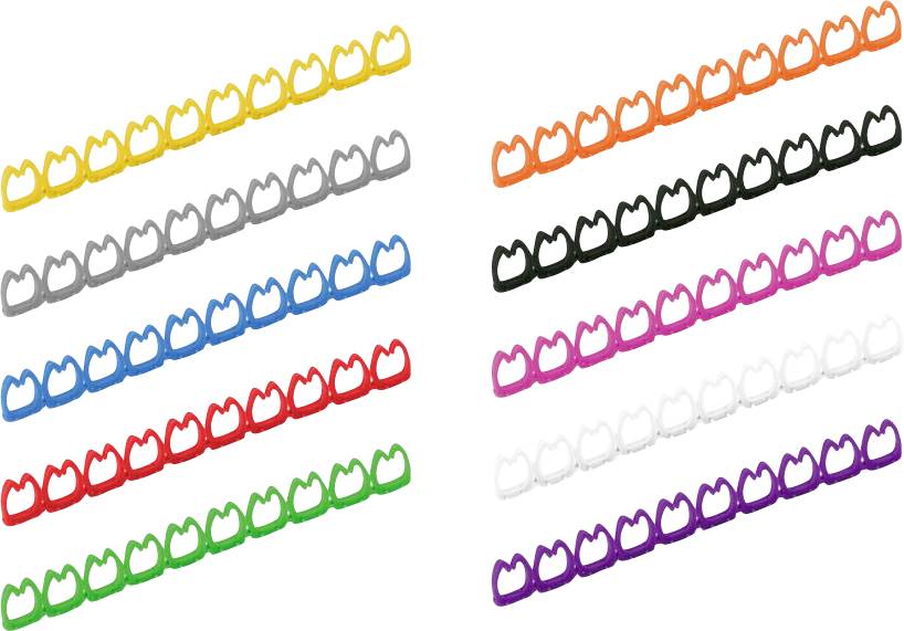 Des rangées de pinces en plastique de forme de cœur colorées sur un fond blanc. Les couleurs incluent le jaune, le rouge, le gris, le bleu, l'orange, le vert, le noir, le rose et le violet.