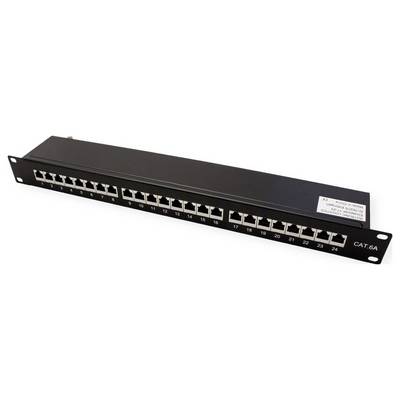 Un panneau de brassage CAT 6A 24 ports avec des ports Ethernet numérotés conçu pour le câblage réseau et l'organisation dans un rack serveur.