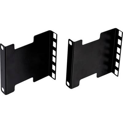 Une paire de supports de montage en métal noir, chacun avec plusieurs fentes carrées et trous ronds pour des fins de fixation.