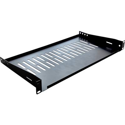 Une étagère de serveur en métal noir avec design à fentes pour la circulation d'air, utilisée pour organiser et stocker l'équipement dans une configuration de baie de serveurs réseau.