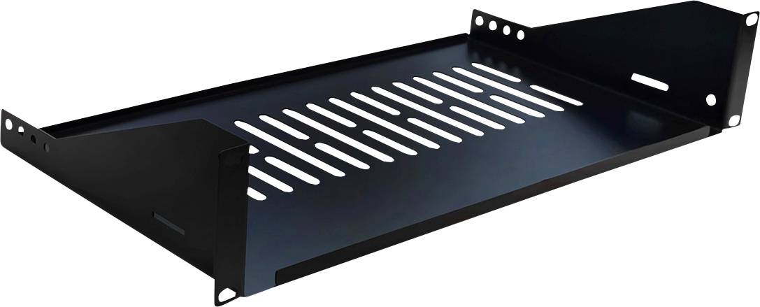 Étagère de montage en rack noire avec fond aéré, conçue pour supporter les équipements dans un rack serveur ou une armoire de données.