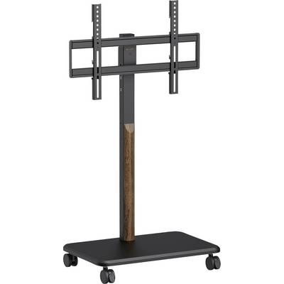 Support de télévision mobile avec base noire, accent en bois sur le poteau de support et bras de fixation réglables, équipé de quatre roulettes.
