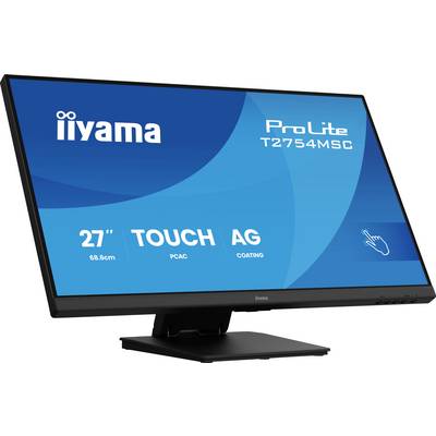 L'image montre un moniteur iiyama ProLite T2754MSC avec un écran tactile de 27 pouces, un revêtement AG et la technologie PCAC, affiché sous un angle.