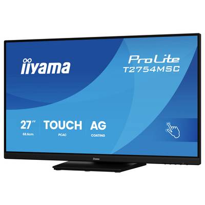 Moniteur à écran tactile avec la marque « iiyama ProLite T2754MSC », mettant l'accent sur la taille de 27 pouces, le revêtement antireflet avancé (AG) et PCAC.