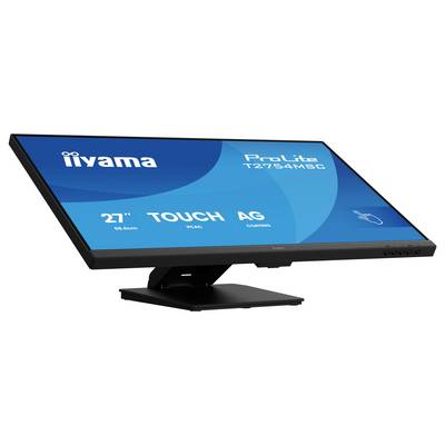Affichage du moniteur tactile montrant les spécifications : « iiyama ProLite T2754MSC », « 27" », « TOUCH », « AG », « PCAP », « COATING ». Vue de côté inclinée.