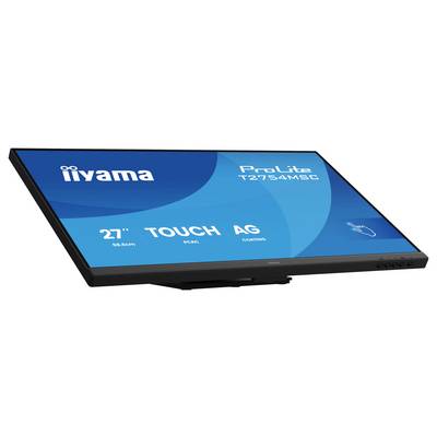 Moniteur Iiyama ProLite T2754MSC avec écran tactile 27 pouces ; les caractéristiques incluent un revêtement anti-reflet et une compatibilité avec PC et Mac.