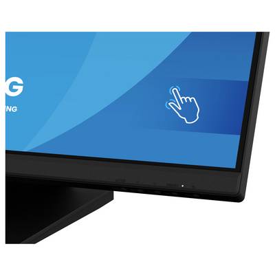 Un moniteur d'ordinateur noir avec un écran bleu affichant une icône de main blanche qui tape, suggérant une fonction tactile.