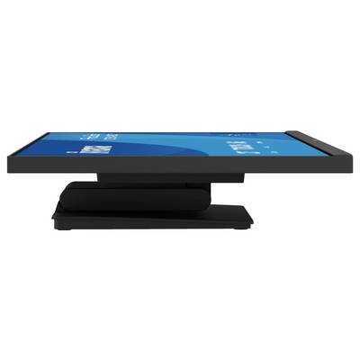 Un écran plat noir épuré avec un support réglable moderne, vu de côté, affichant une interface bleue sur l'écran.