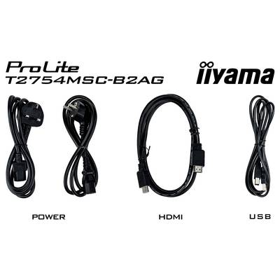 Trois câbles étiquetés « POWER », « HDMI » et « USB » sont affichés avec le texte « ProLite T2754MSC-B2AG » et « iiyama » en haut.