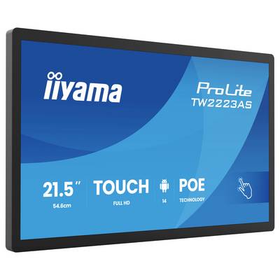 Moniteur tactile avec la marque « Iiyama ProLite TW2223AS ». Caractéristiques : 21,5 pouces, Full HD, capacité tactile, Android, technologie POE.