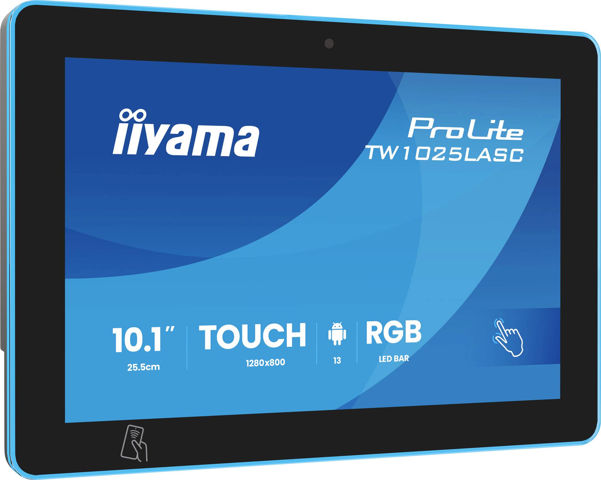 Un écran tactile bleu de 10,1 pouces affichant le modèle « iiyama ProLite » TW1025LASC avec compatibilité Android et fonction de barre LED RGB.