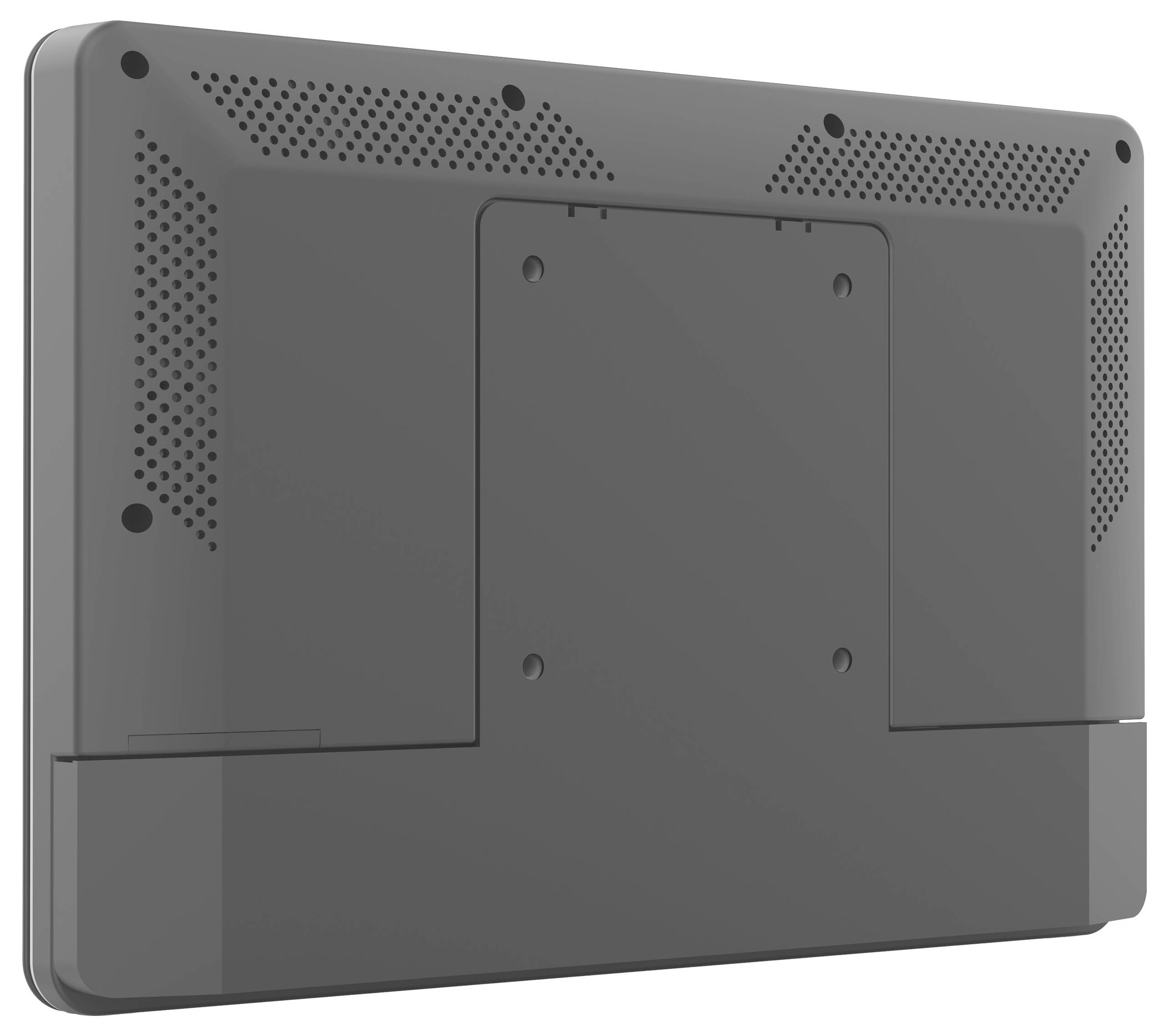 Vue arrière d'un appareil électronique rectangulaire avec des sections perforées pour la ventilation. Aucun port ni bouton visible. Semble être conçu pour se monter sur une surface.