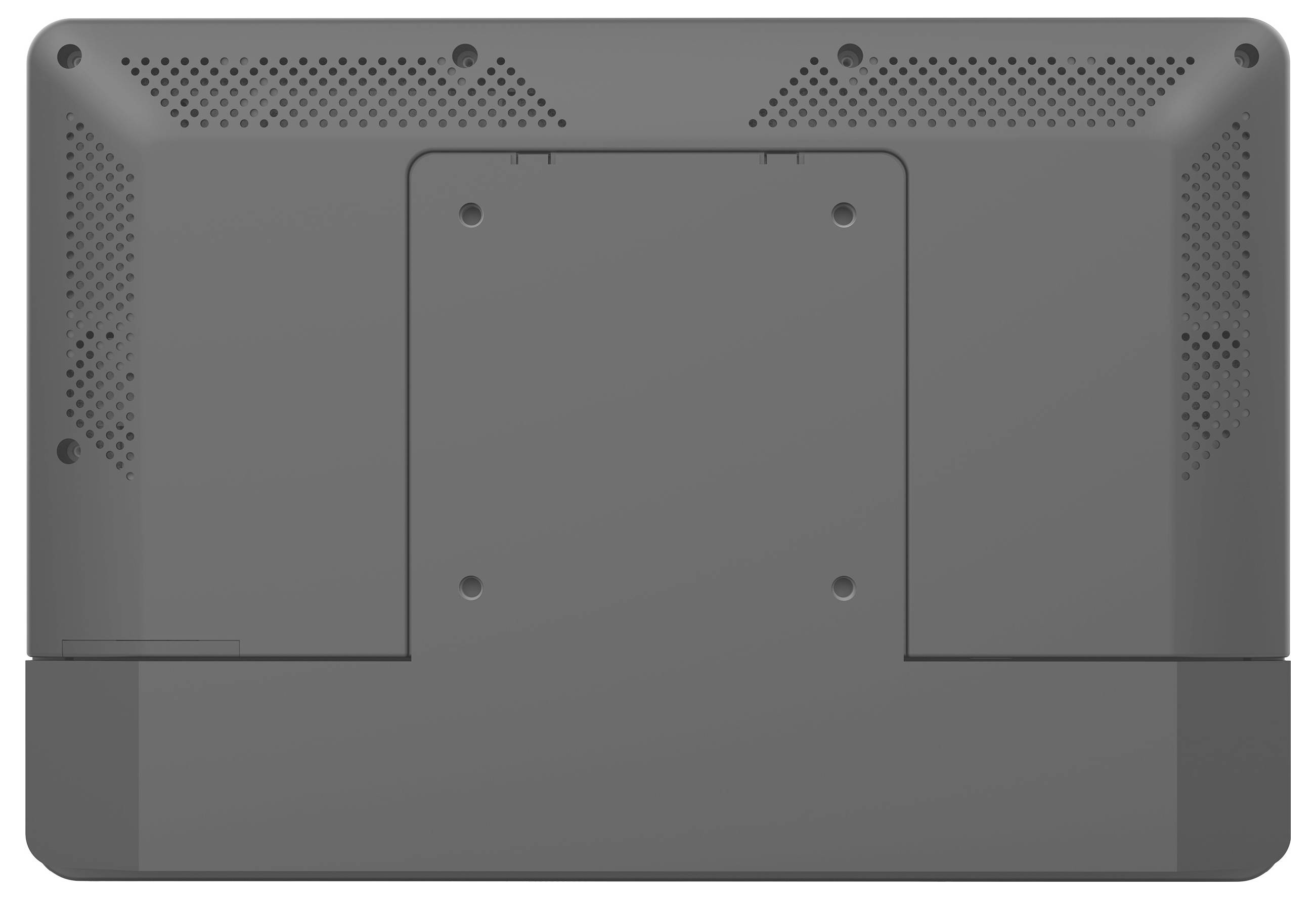 L'image montre la vue inférieure d'un ordinateur portable, affichant les emplacements des vis et les ouvertures de ventilation sur une surface plane et sombre.