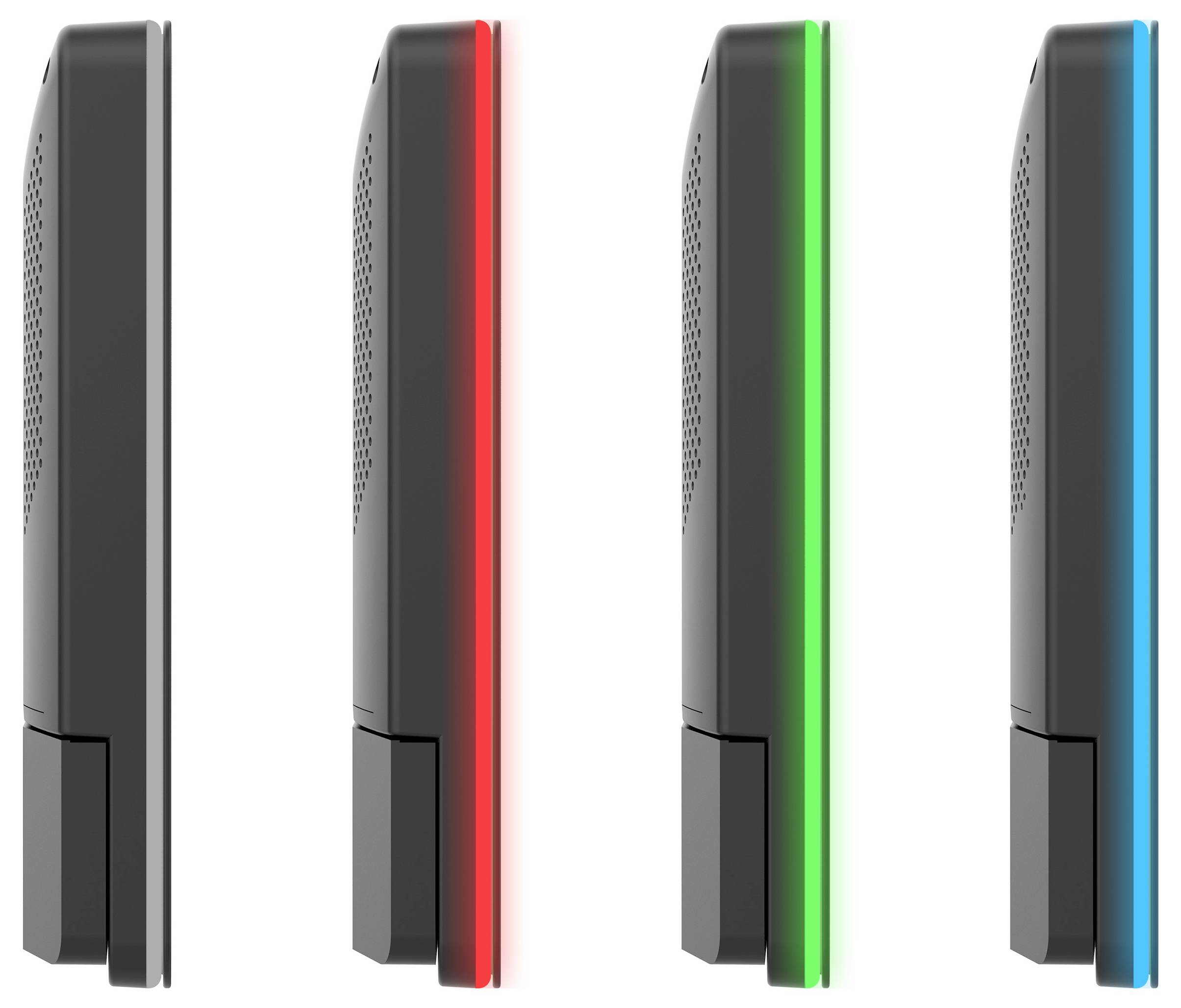 Quatre appareils avec des bords illuminés en rouge, vert et bleu, suggérant des voyants lumineux ou des signaux d'état.