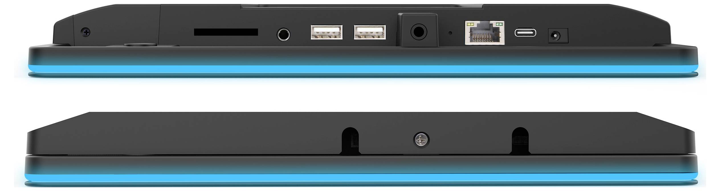 Deux vues d'un appareil électronique noir : vue de face avec un contour bleu luminescent, et vue arrière montrant les ports incluant USB, Ethernet et le port de charge.