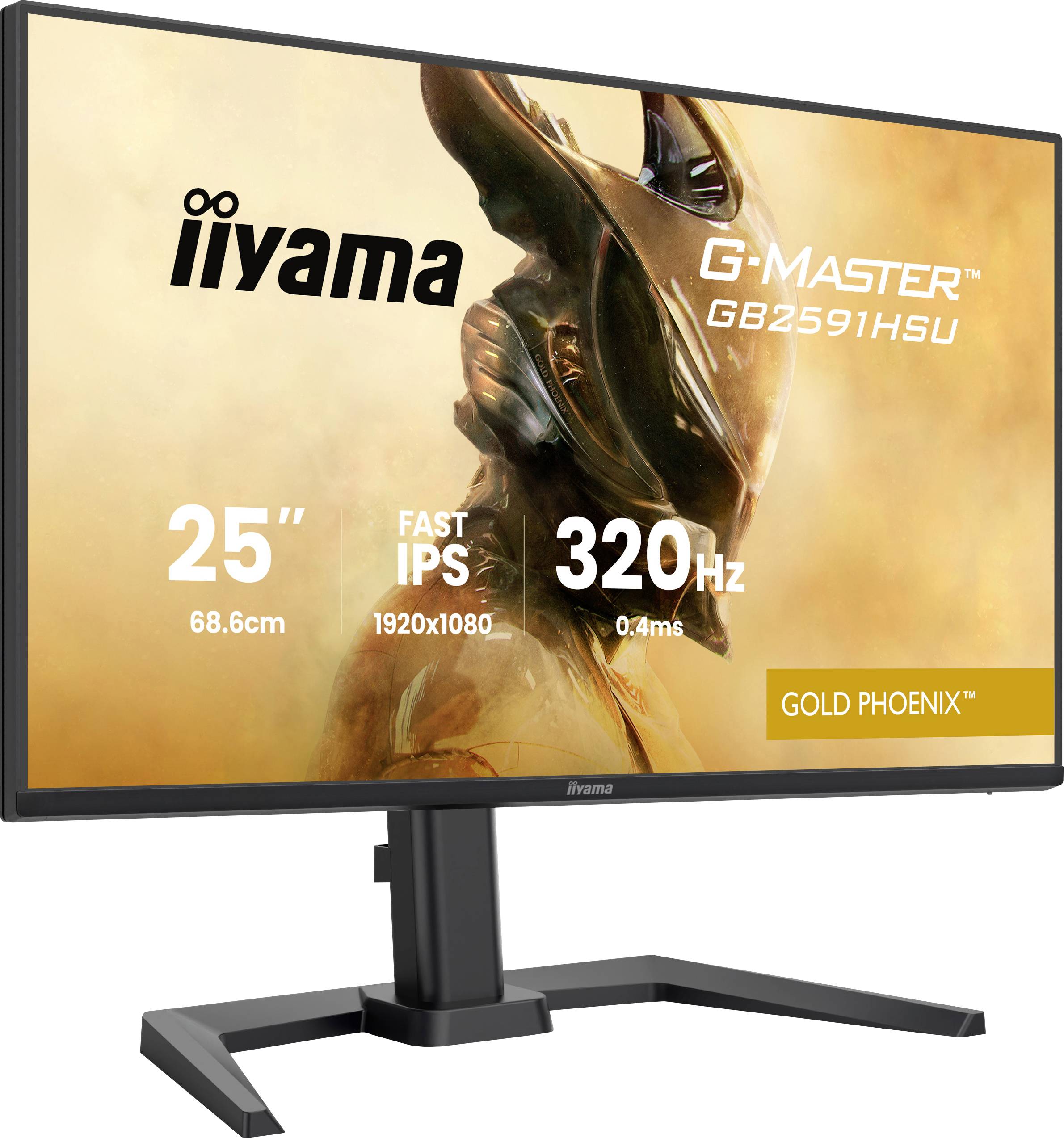 Un moniteur de jeu avec le texte « iiyama G-Master GB2591HSU 25" FAST IPS 1920x1080 320Hz 0.4ms Gold Phoenix » et une image d'un phénix.