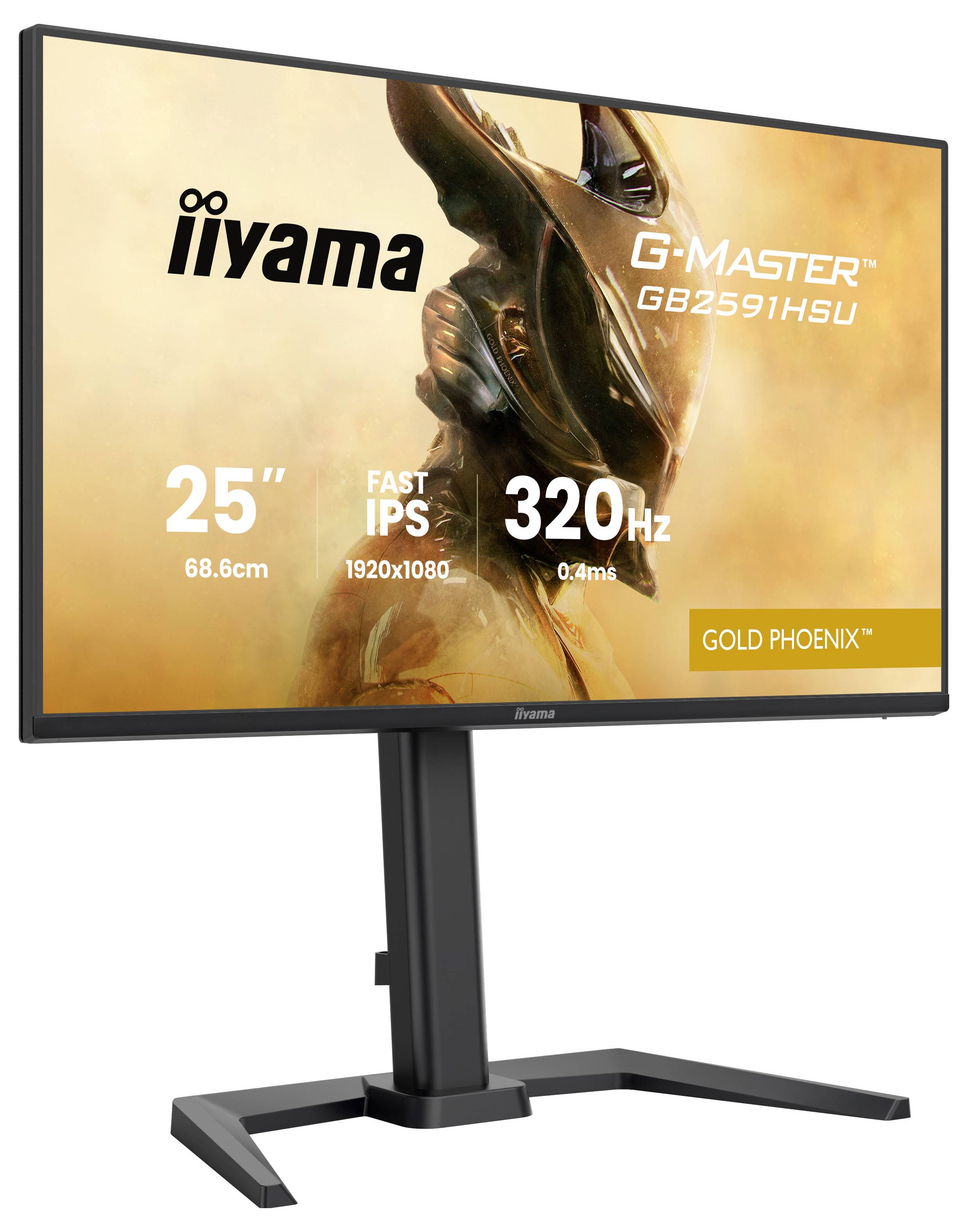 Un moniteur informatique affichant une image d'une silhouette futuriste casquée. Texte à l'écran : « iiyama G-Master GB2591HSU, 25", 320Hz, Phénix d'Or. »