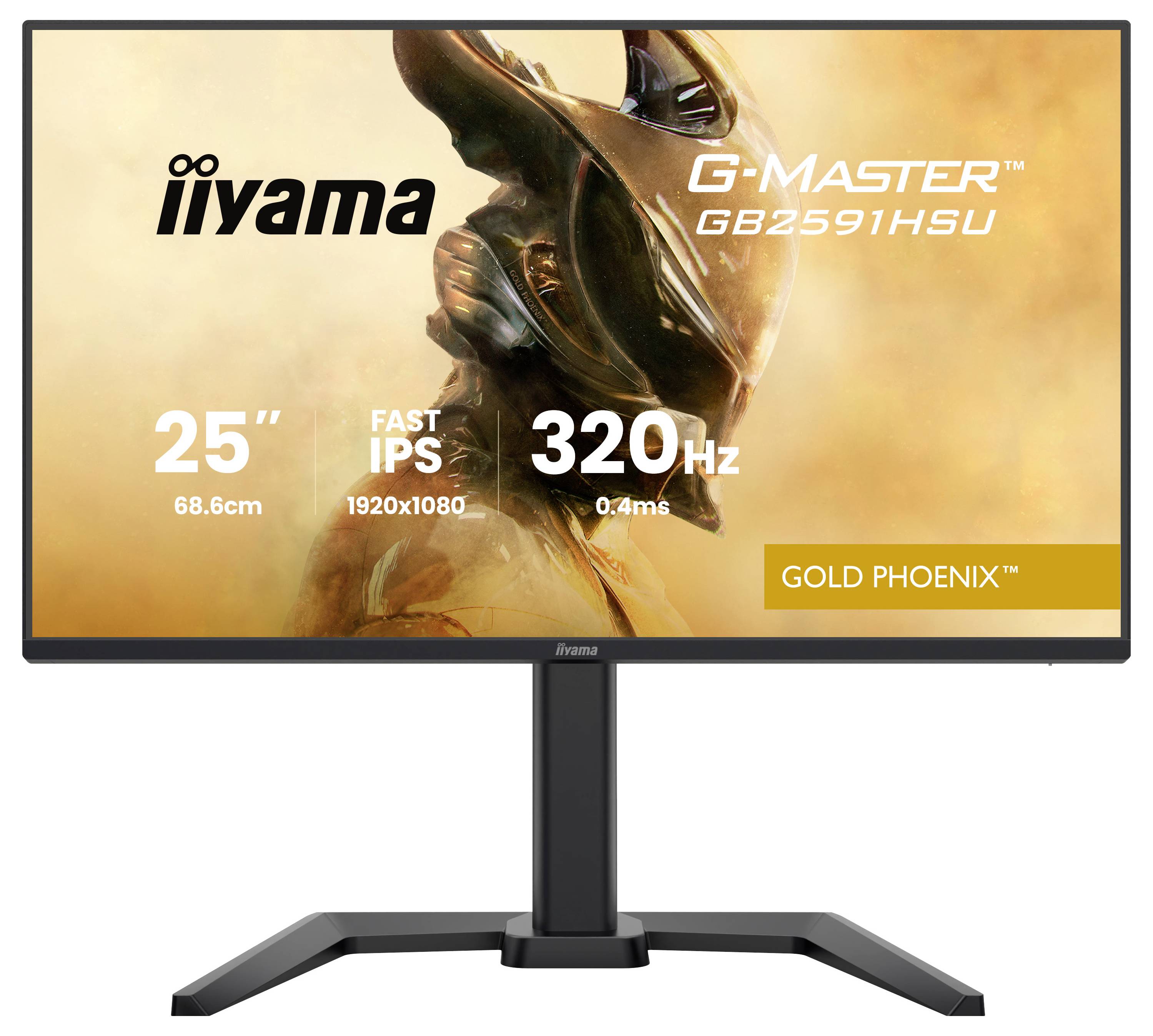 Moniteur affichant une image à thème science-fiction avec un robot, présentant le texte : iiyama G-Master GB2591HSU, 25" (68,6cm), Fast IPS, 1920x1080, 320Hz, 0,4ms.
