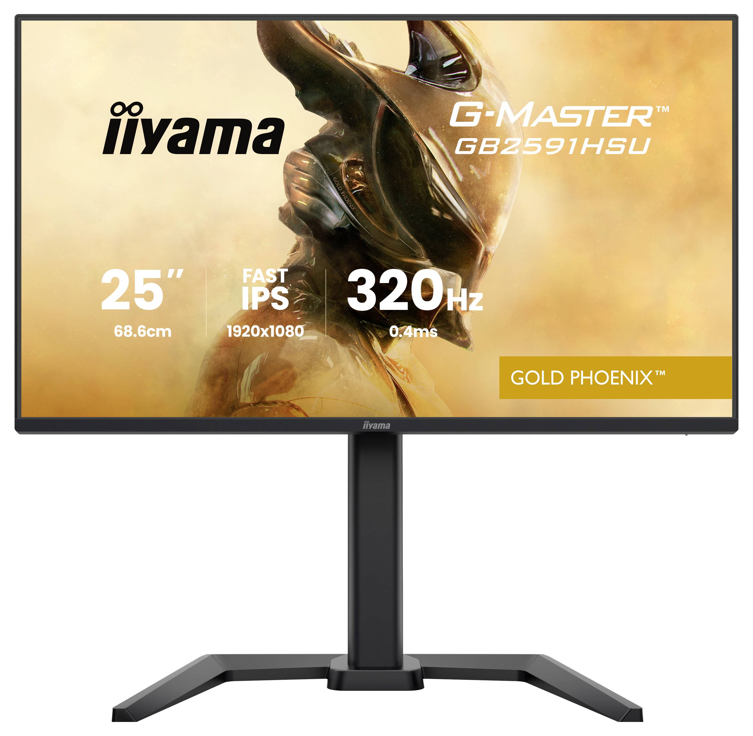 'Moniteur iiyama G-Master GB2591HSU présentant un design de casque futuriste, écran Fast IPS 25", 320Hz, 0,4ms, modèle Gold Phoenix.'