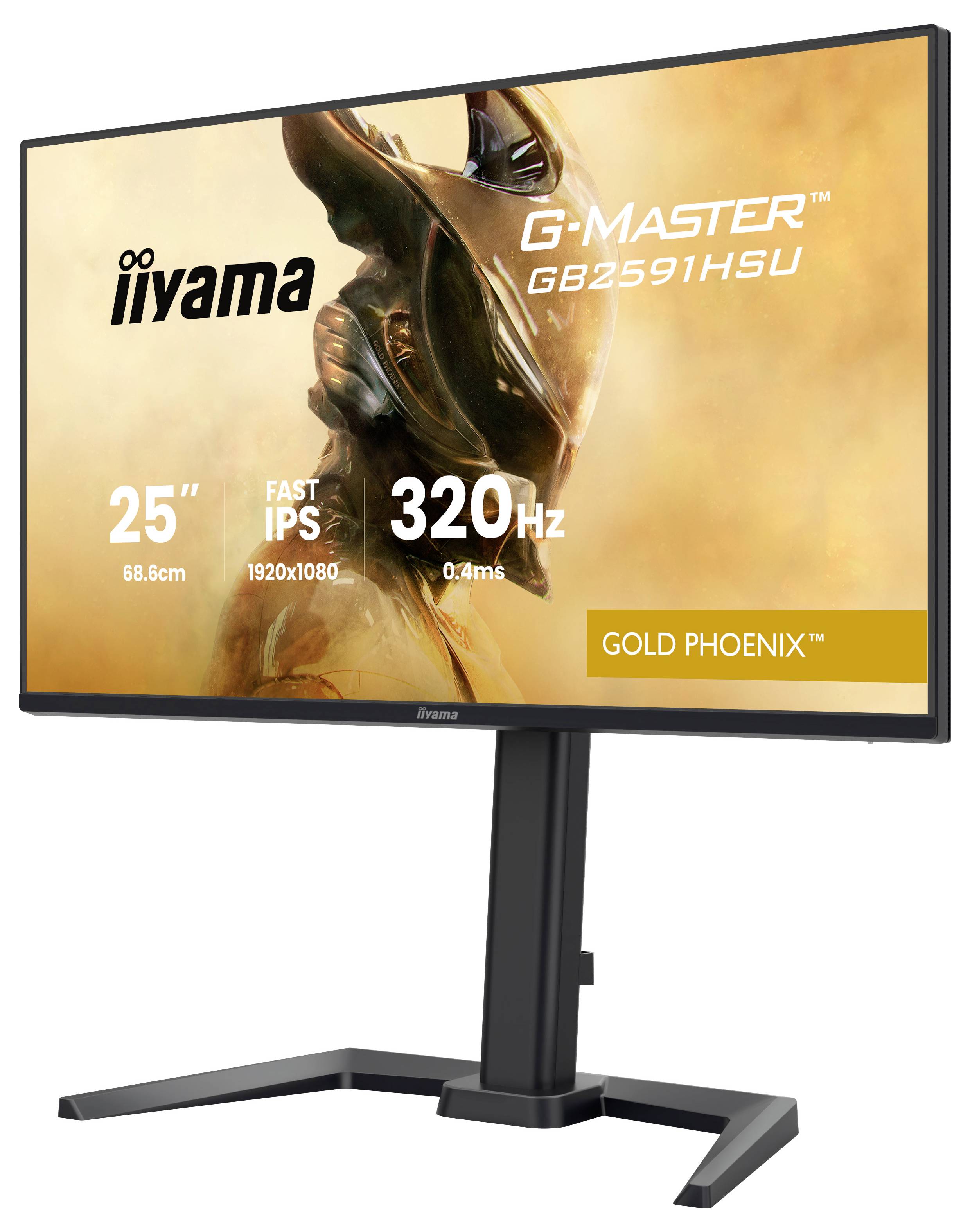 Moniteur Iiyama G-Master, 25 pouces, résolution 1920x1080, 320Hz, étiqueté « GOLD PHOENIX ».