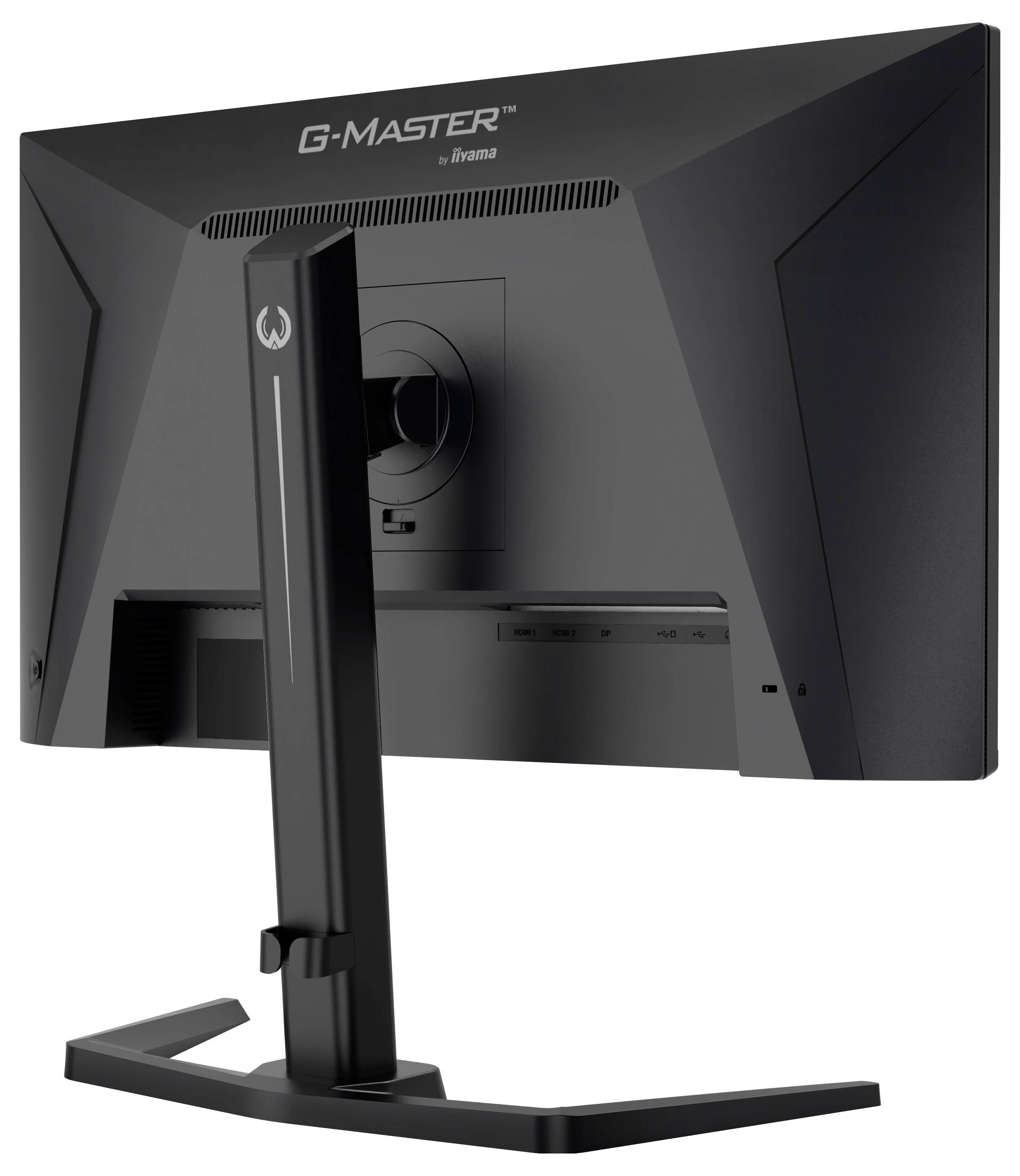 Un moniteur d'ordinateur noir vu de l'arrière, étiqueté « G-Master ». Le pied est réglable et possède un design moderne et angulaire.