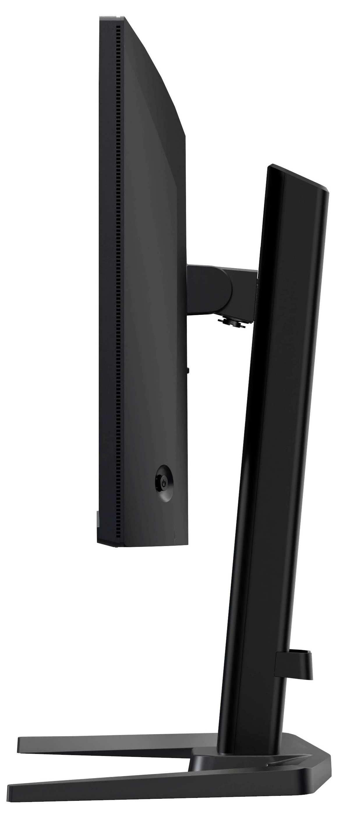 Un élégant moniteur d'ordinateur noir vu de profil, mettant en avant son profil fin et son design de support.