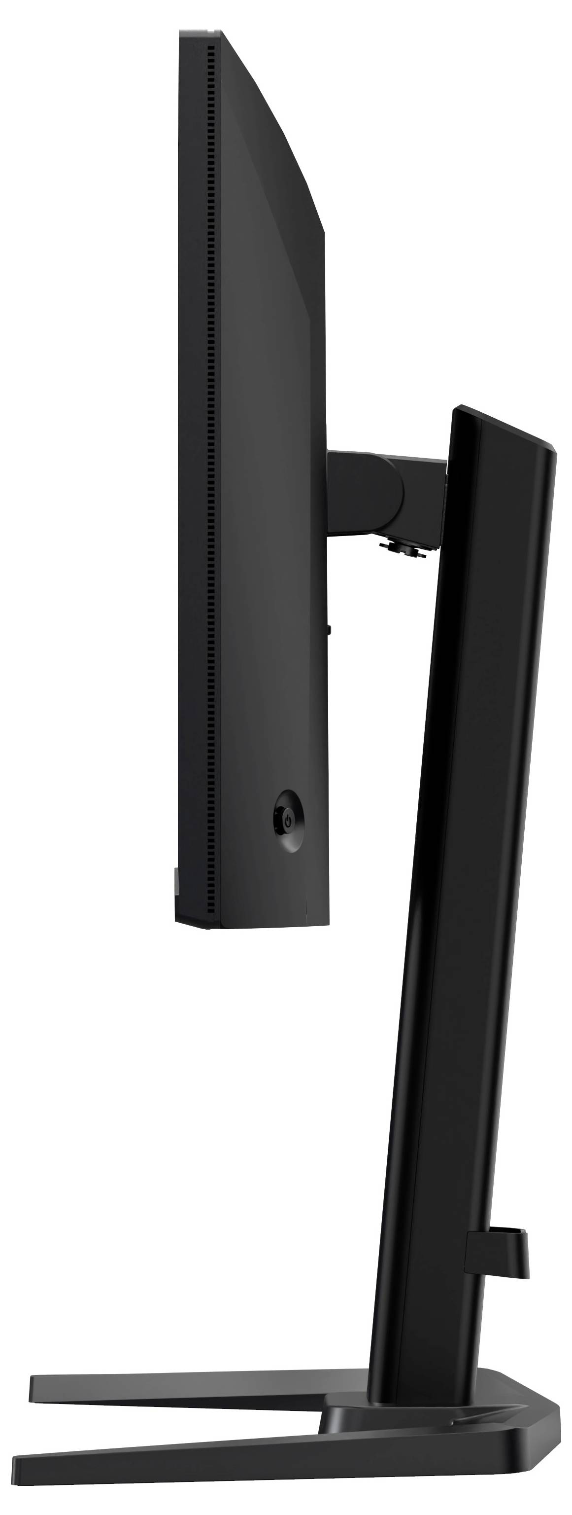 Vue latérale d'un élégant moniteur d'ordinateur moderne avec un cadre noir épuré, un support réglable et un design minimaliste.