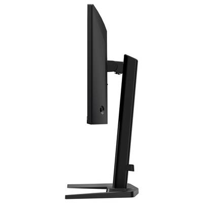 Vue latérale d'un élégant moniteur d'ordinateur moderne avec un cadre noir épuré, un support réglable et un design minimaliste.