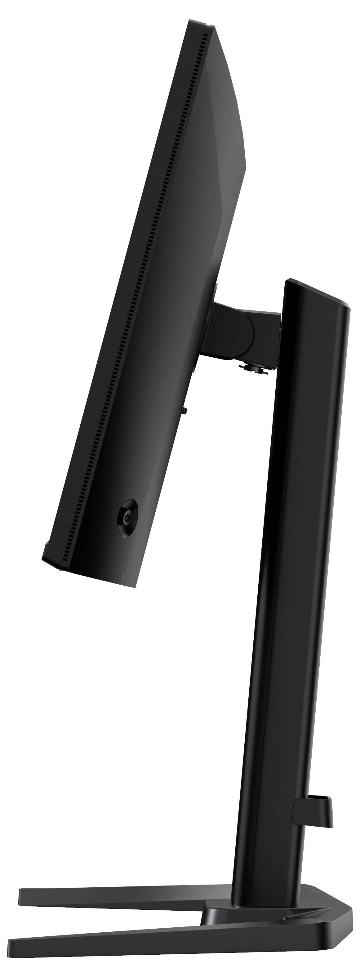 Moniteur informatique noir et fin présenté de profil, doté d'une silhouette épurée et d'un socle réglable.