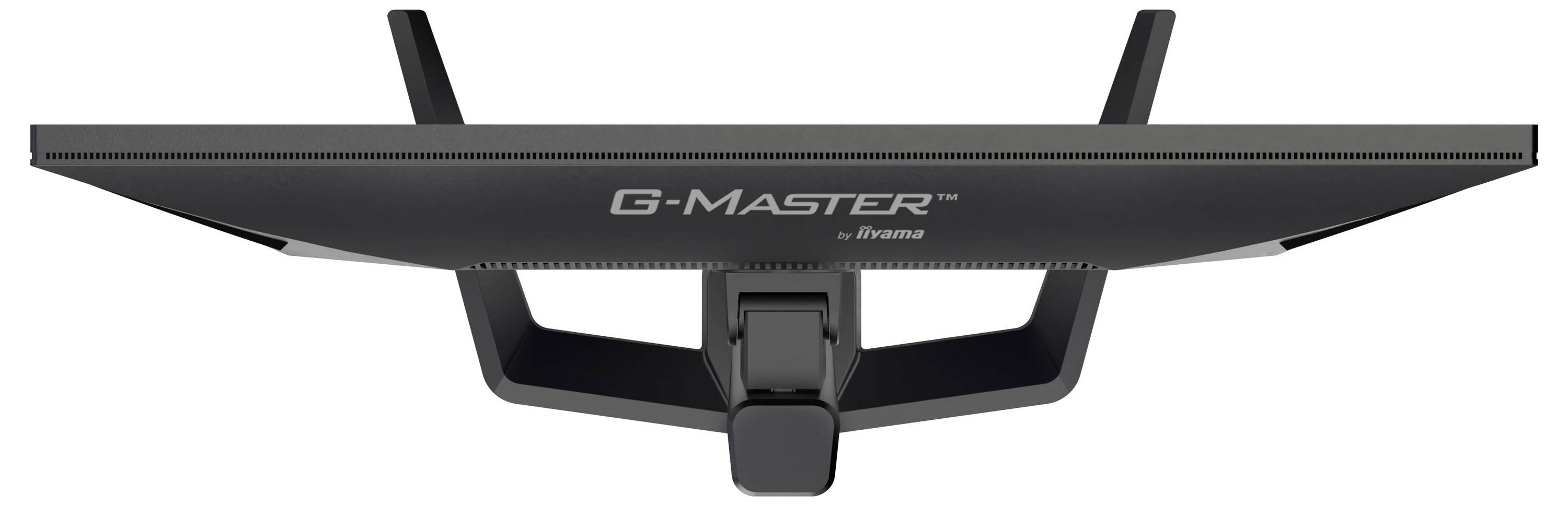Une vue de côté d'un écran d'ordinateur ultra-fin étiqueté « G-Master ». L'écran est incliné vers le haut, montrant le support et une partie du bras de montage.